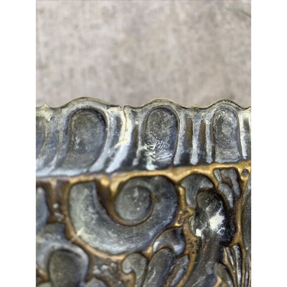 Ornate Repousse Brass Tray Baroque-Style Design Engraved Bird Motif - Picture 7 of 9